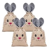 4 Stück Ostern Sackleinen Tasche,26x20cm Tasche mit Hasenohren,Ostertüte zum Befüllen mit Kordelzug Tasche für Ostergeschenke Für Ostereier, Süßigkeiten