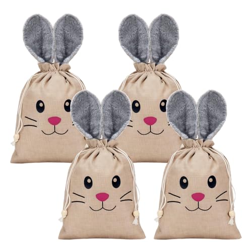 4 Stück Ostern Sackleinen Tasche,26x20cm Tasche mit Hasenohren,Ostertüte zum Befüllen mit Kordelzug Tasche für Ostergeschenke Für Ostereier, Süßigkeiten