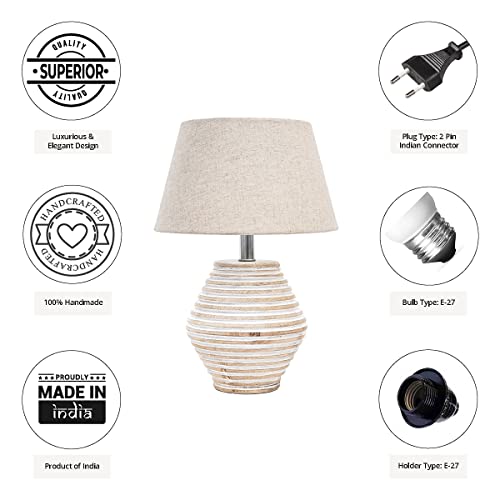 Image of PineCraft International Atury Table Lamp with Shade Night Lamp for Living Room, Study Room, Bedroom & Home Decor Gift Item 14 inch Height Wooden Study Lamp with Beige Shade
