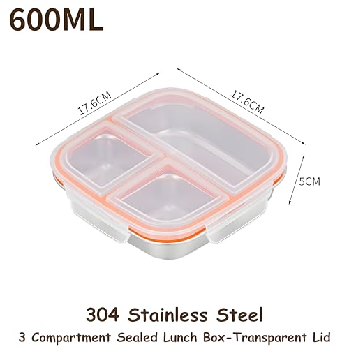 Image of Motka 304 Stainless Steel Lunch Box 600ml with 3 Compartments, Leakproof Bento Tiffin Box with Sealed Lid and 4 Lock Clips for School, Office, Kids, Adults, Travel and Daily Meals-Natural