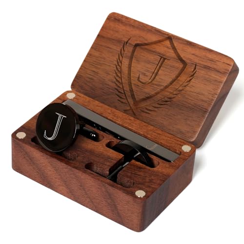 Image of Mens Initial Cufflinks and Tie Clip A-Z Alphabet Letter Black Stainless Cuff Links Tie Bar with Engraved Walnut Wood Box Groom Groomsman Wedding Set