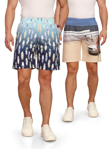 Image of BULLMER Regular Fit Cotton Blend Summer Shorts for Men - Pack of 2 | Printed Shorts for Men Blue /Beige