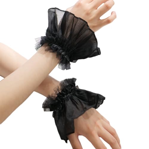 QishGO Abnehmbare Handgelenkmanschetten, ausgestellte Manschetten für Kapuzenpullover, falsche Ärmel, Ornamente, abnehmbare Ärmel, Manschetten, Tüll, Schwarz