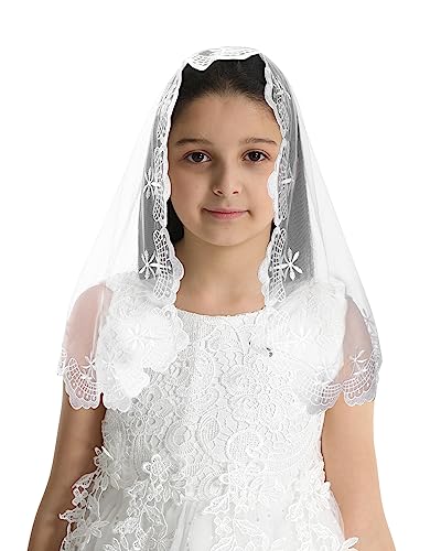 Bozidol Girls First Communion Veil - Short Triangle Lace Mantilla Catholic Chapel Mass Head Coverings Church Veil for Kids2