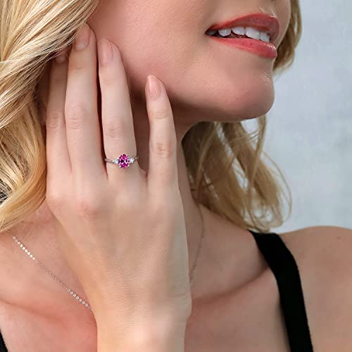 10K White Gold Gemstone Birthstone & White Created Sapphire 3-Stone Engagement Ring | Oval 8X6MM Center with Round 2.5MM Accents | Three Stone Wedding Anniversary Promise Ring For Women | Sizes 5-94