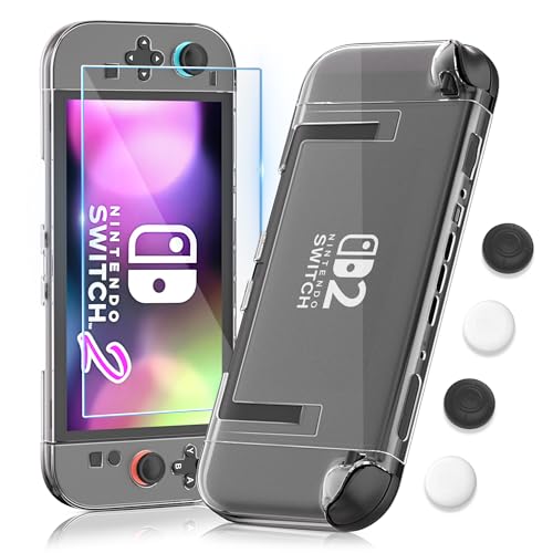 RHOTALL Funda delgada y transparente para Nintendo Switch 2 2025, cubierta protectora de cristal duro de policarbonato transparente con protector de pantalla de vidrio templado para Switch 2 de 7.9