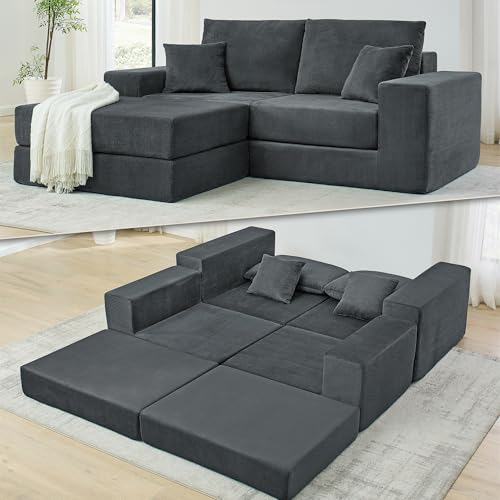 Image of L Shaped Boneless Couch Modular Sectional Sofa, Modern Cozy Corduroy Cloud Couch Loveseat with Ottoman, Memory Foam Convertible Sectional Sleeper Sofas for Living Room, Grey