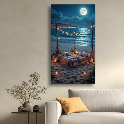 Tableau romantique lit de plage déco murale extérieure nuit - 2