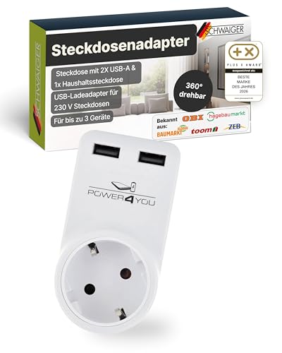 SCHWAIGER Steckdosenadapter mit USB I Steckdose mit 2X USB-A & 1x Haushaltssteckdose I 360 drehbar I USB-Ladeadapter für 230 V Steckdosen I Mehrfachstecker für bis zu 3 Geräte