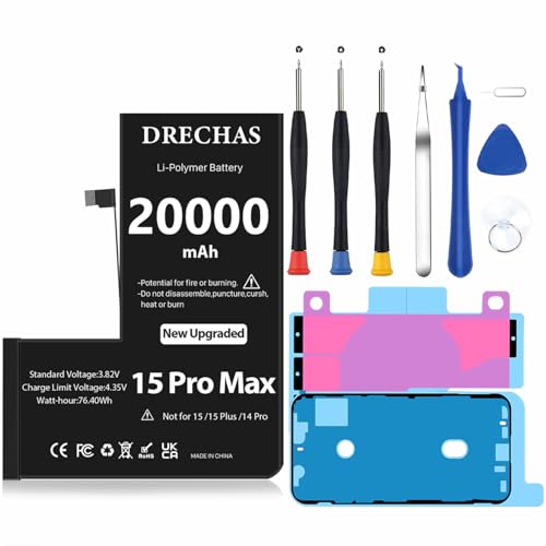 DRECHAS [20000mAh] Battery for iPhone 15 Pro Max High Capacity 0 Cycle Li-Polymer Replacement Battery for iPhone 15 Pro Max Models A2849 A3105 A3108 A3106 with Complete Professional Repair Tool Kit