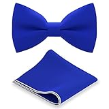 Bow Tie House Classic Pre-Tied Bow Tie Set Formal Pocket Square Solid Hanky Tuxedo with Handkerchief set (Large, Electric Blue)