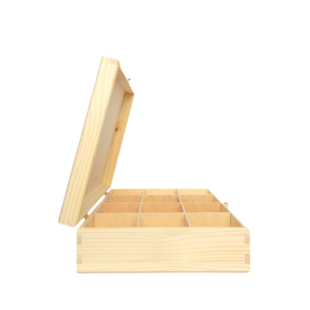 Pinus Teebox 29,5x22,5x8 cm 12 Fächer Teebeutel Organizer Klappdeckel | Kiefernholz, 12 Fächer, staubgeschützt, für Teebeutel Sortenübersicht, Küche Esszimmer, kompakt platzsparend