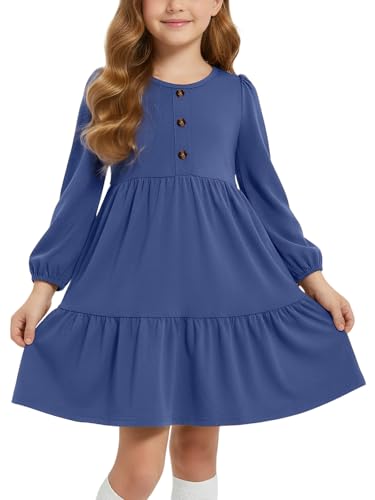 JiAmy Girls Dress Puff Long Sleeve Cotton Round Neck Kids Casual T-Shirt Dresses with Pockets Tiered High Waist Swing A-line Fall Tween Dress for 5-6 Years, Royal Blue