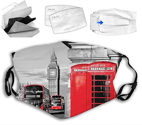 VeJerKK London Fashion Face mask,London Telephone Booth,Dust Washable Reusable Filter and Reusable Mouth Warm Windproof Face,Red Grey