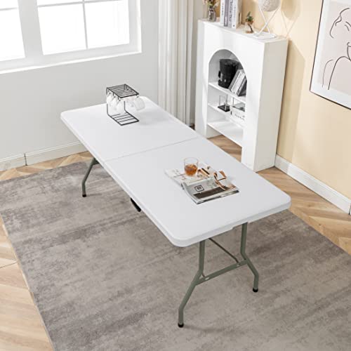 Image of BTExpert Set of 2, Fold-in-Half Folding Utility Table 6 Feet 72 inchx 29.5 inch Lightweight Portable Carrying Handle Indoor Outdoor Picnic Camping Office Home Party Wedding Event Easy Clean Store Care White