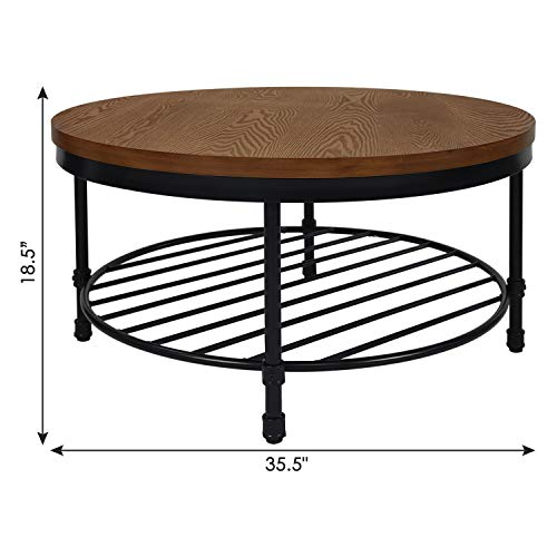Image of Round Coffee Table, Rustic Wood Surface Top & Sturdy Metal Legs Industrial Sofa Table for Living Room Natural End Table Modern Design Home Furniture with Storage Open Shelf (Brown)