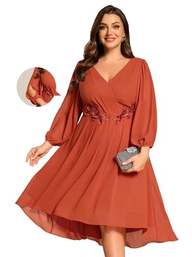 Ever-Pretty Plus Women's Trendy V Neck Hollow Out Long Sleeves Chiffon Applique Plus Size Midi Semi Formal Dresses 02926-DA