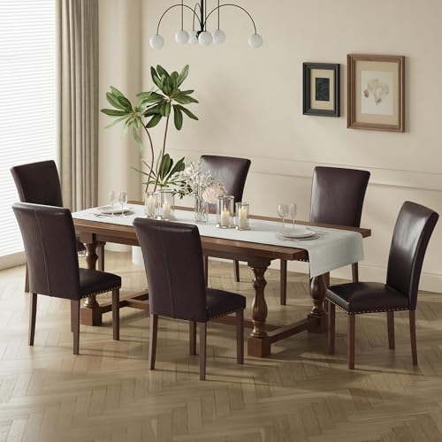 Image of COLAMY Parsons Dining Chairs Set of 6, PU Leather Dining Room Kitchen Side Chair with Nailhead Trim and Wood Legs - Dark Brown