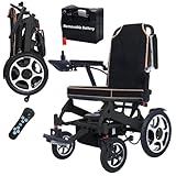 Rexhan Foldable Electric Wheelchair, Folding Power Chair, 20 KM Removable Lithium Battery, 2 X 200W Brushless Motors, 19 KG Lightweight, Electromagnetic Brakes, Aluminium Frame, Remote Control, Black