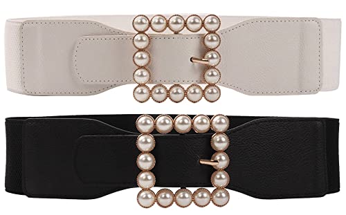 Women's Large Pearl-Buckle Elastic Waist Belt Elegant Wide Girdle for Dress Skirs Shirt