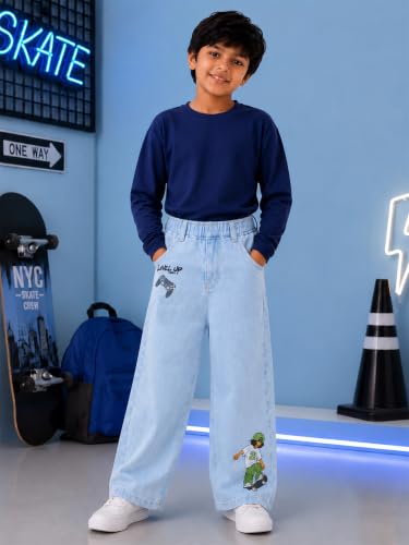 Image of KiddoPanti Boys Baggy Jeans | Stretch Denim Wide Leg Jeans | Elastic Waist Casual Denim Pants | Cotton Blend Loose Fit with 4 Pockets | Kids Street wear | 2-14 Years