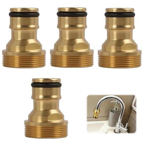 4 Piezas Conector Universal para Grifo, Adaptador Manguera Grifo de Jardín, Acoplamiento Rápido de Latón Resistente a la Corrosión,Rosca de 22mm y 24mm,1/2 y 3/4 Pulgadas,Instalación Fácil y Sin Fugas