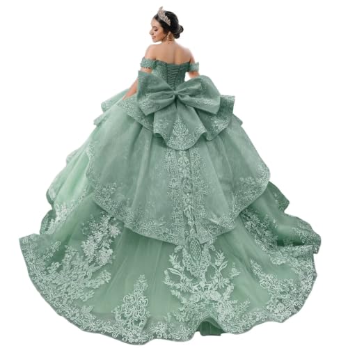 Mouccy Cute Dusty Sage Lace Quinceanera Dresses Puffy Pageant Gown