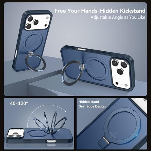 Image of DIZORO Silicone Magnetic Ring Stand Compatible for iPhone 17 Pro Case [Military Drop Protection] [Compatible with MagSafe] Shockproof Case Matte Translucent Slim Phone Case - (Blue)