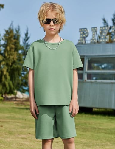 Image of Arshiner Boys Drop Shoulder T-Shirt & Drawstring Waist Shorts Summer Casual Outfits (5-12 Years)