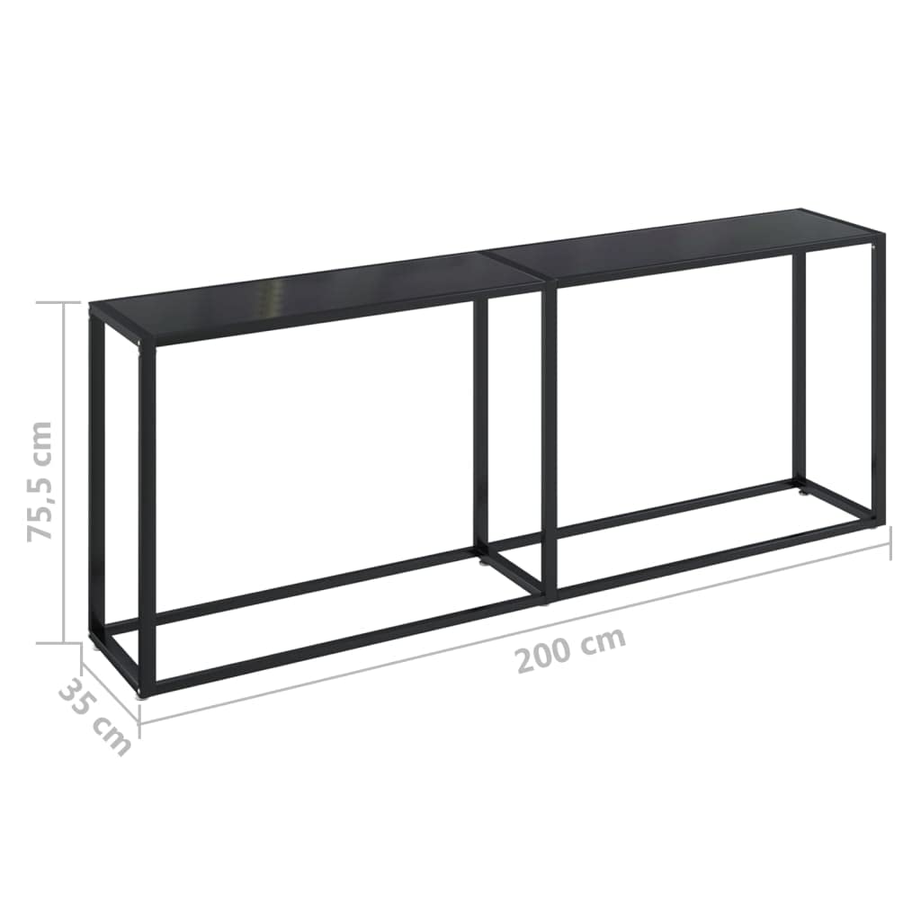 stolik konsolowy, czarny, 200 x 35 x 75,5 cm, szkło hartowane i stal malowana proszkowo, elegancki stolik pomocniczy do salonu, sypialni, nowoczesnych pomieszczeń, stabilny i łatwy do