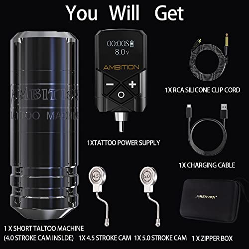 Ambition Torped Wireless Tattoo Machine Kit - Rotary Tattoo Machine Cartridges Short Pen With 2400Mah Tattoo Power Supply Brushless Motor For Professional Tattoo Artist #TOP1