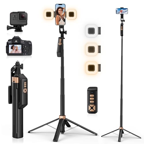 Avaspot 71 Selfie Stick Tripod - with 2 LED Fill Lights and Remote, All-in-one Extendable Phone Tripod Stand for Video Recording, Compatible with iPhone, Android, Camera & GoPro