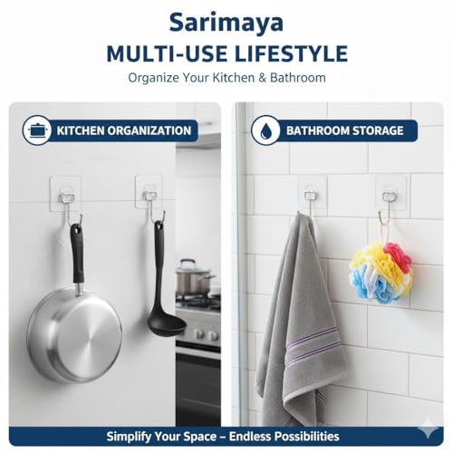 Image of Sarimaya Adhesive Wall Hooks Heavy Duty (Pack of 10) - Transparent Sticky Hooks for Hanging Towels, Coats, Kitchen Utensils - Waterproof Stainless Steel No Drill Hook for Home & Bathroom