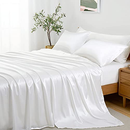 Entisn 4Pcs White Twin Size Sheet Set with Body Pillow Cover, Silky Satin Sheet Set, Luxury Bedding Sets, Breathable & Ultra Soft Bed Sheet Set Includes 1 Fitted Sheet, 1 Flat Sheet, 2 Pillowcase