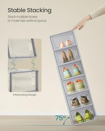 Image of SONGMICS Shoe Boxes, Pack of 12 Shoe Storage Organizers, Stackable Clear Plastic Boxes for Closet, Sneakers, 13.1 x 9.1 x 5.6 Inches, Transparent and Gray ULSP006G12