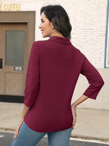Women's 3/4 Length Rolled Sleeve Tunic Tops Collared V Neck T Shirts Summer Casual Blouses 20254