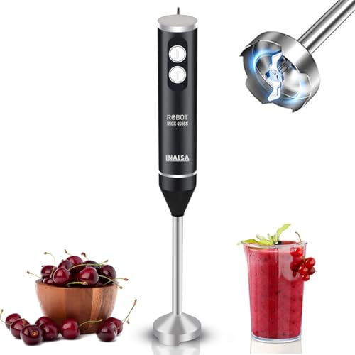 Inalsa Stainless Steel Electric Hand Blender with 450W Powerful DC Motor|Variable & Turbo Speed|Super Silent|Ultra Sharp SS Blade & Detachable Stem|Chop-Robot Inox 450 SS, Black And Silver
