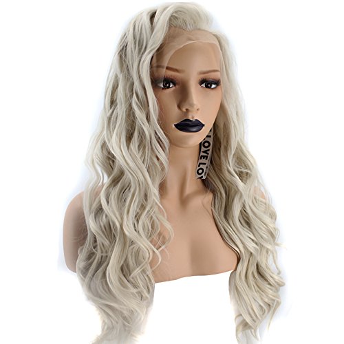 Anogol Hair Cap+Glueless Platinum Ash Blonde Lace Front Wig Wavy Fashion Long Synthetic Wigs for Women Replacement Hair Wig
