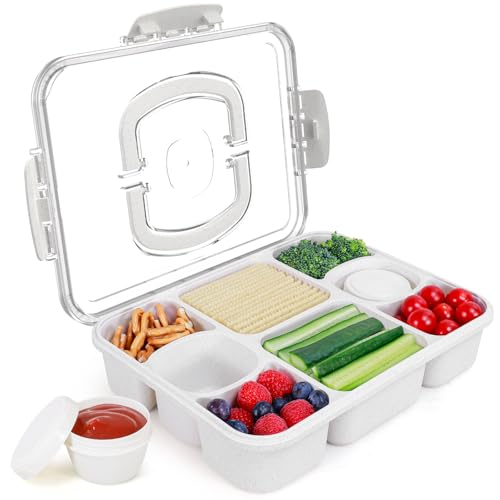 RicheMake Large Snackle Box Container with 2 Sauce Cups, 8-Compartment Divided Serving Tray with Lid & Handle, Portable Snack Tray for Travel Picnic, Leak-Proof, Dishwasher Safe, BPA-Free