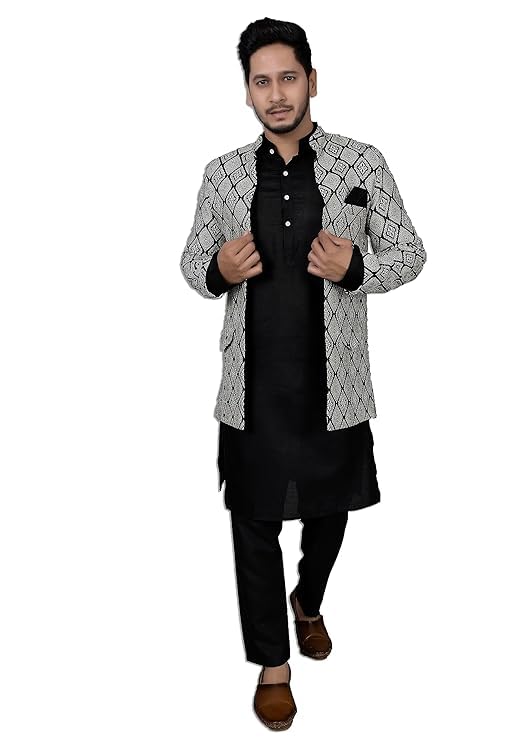 Men’s Jeaquard Black Kurta Pajama with White Jacquard Full Sleeve Jacket & Mandarin Neck | Black Kurta for Men