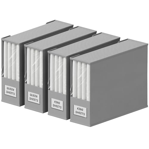 Lifewit 4 Pack Bed Sheet Organizer, Foldable Bedding Sheet Organizers and Storage with Large Clear Window and Label, Sheets Organizer for Linen Closet, Storage Box Bins with Lids for Duvet Cover Set