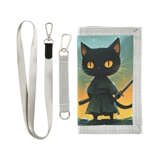 FOLIOSA Kids Wallet for Boys Girls Samurai Cat Print Youth Wallet with Zipper Pocket Card Holders, Novelty Wallet 4.9×2.9 in