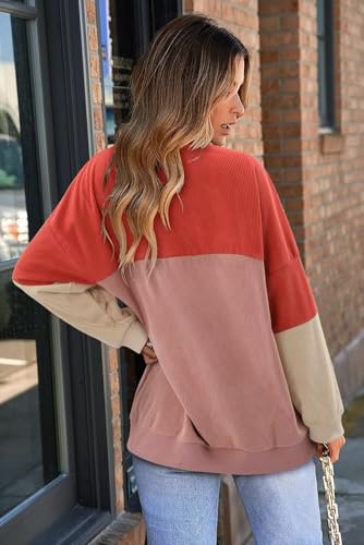 KISSMODA Women's Casual Long Sleeve Sweatshirt Color Block/Solid Crewneck Corduroy Pullover Cute Tops