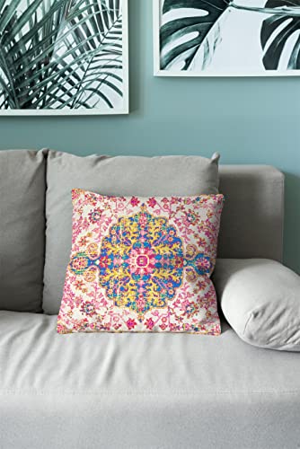 Boho Pillows Covers 18X18 Inch Set Of 2 Bohemian Vintage Carpet Pattern Throw Pillows Pink Blue Ethnic Floral Medallion Decorative Linen Outdoor Cushion Cases For Home Sofa Living Room Couch Decor #TOP6