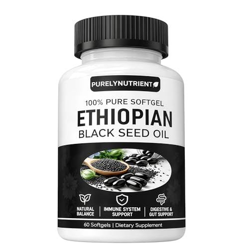 PURELYNUTRIENT Ethiopian Black Seed Oil Softgels | Ethiopian Black Seed Oil Organic Cold Pressed | 4.64% Thymoquinone | Non-GMO Gluten-Free 60 Capsules