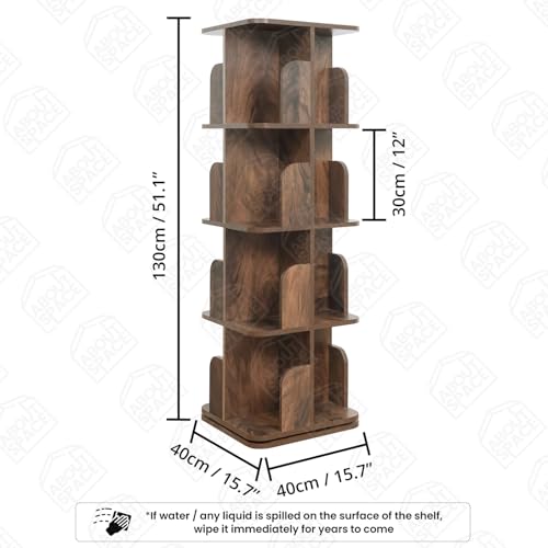 Image of ABOUT SPACE Rotating Book Shelf for Home Library - 4 Tier 360 Book Rack | Wooden Square Bookstand with Partition Curved Edges, Bottom Turnplate for Office Livingroom (Walnut - L 40 x B 40 x H 130cm)