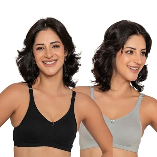 Image of INKURV Seamless Non-Padded Bra for Women | Non-Wired Cotton Full Coverage T-Shirt Bra | Thin Adjustable Straps | Double Layered Cups | Anti Sag Lift Up Support | Luna Combo of 2