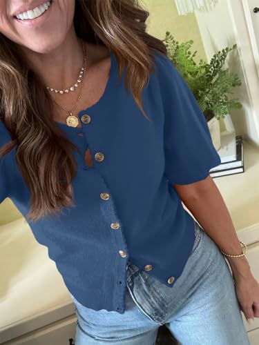Image of Saodimallsu Womens Puff Short Sleeve Cardigan Lightweight Summer Button Down Shirts Knit Crew Neck Sweater Tops