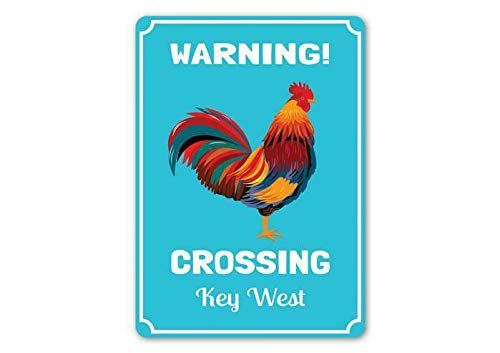 ZMKDLLRetro Tin Sign Rooster Crossing Key West, Key West Rooster Sign, Gypsy Chicken Metal Sign Art Metal Wall Decor 12x16 Inch