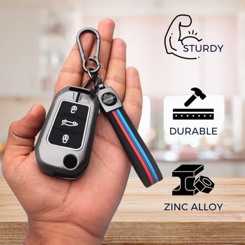 Image of Keycept Metal Key Cover Compatible for Citroen C3, Basalt, Aircross 3 Button flip Key (Long Keychain)